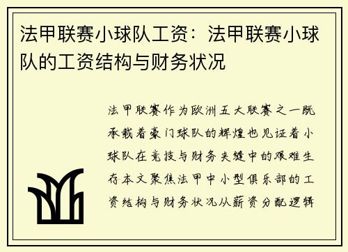 法甲联赛小球队工资：法甲联赛小球队的工资结构与财务状况